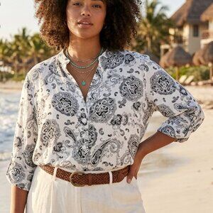 Saint Tropez West Linen Black And White Paisley Top Size 1X